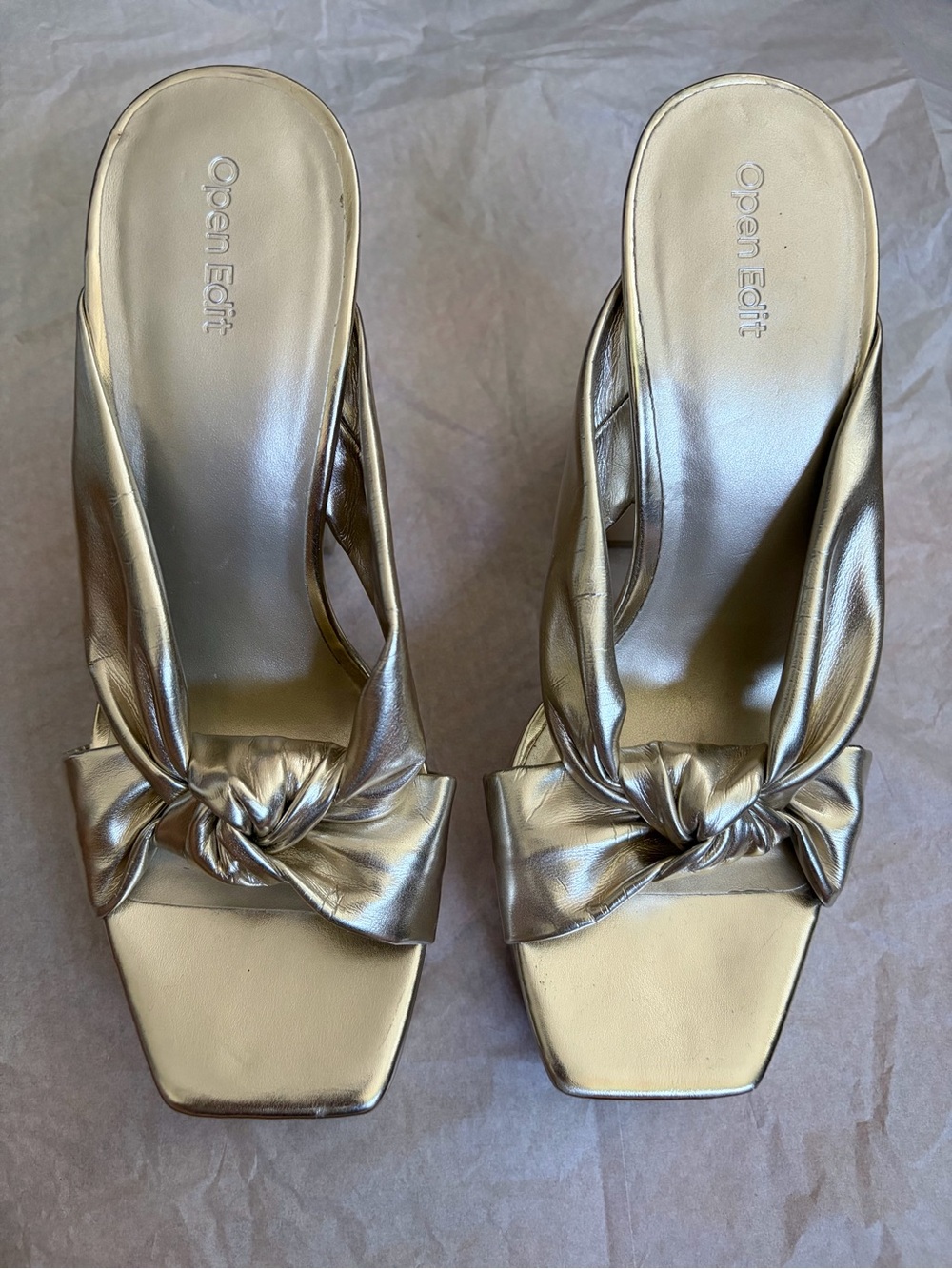 2000s Metallic Gold Knot Slide Heels